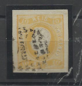 1135.jpg -     Lote:    1135            Portugal       Descrição:         1866/67 &mdash; D. Luís I, fita curva, não denteados. CE20, 10 reis amarelo. Selo com boas margens. Valor de catálogo &euro; 265,00.         O       Valor Base:     &euro; 25,00     Valor Venda:     &euro;      