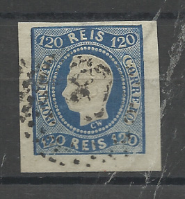 1143.jpg -     Lote:    1143            Portugal       Descrição:         1866/67 &mdash; D. Luís I. Fita curva, não denteados. CE26, 120 reis azul, com 3 margens excepcionais e uma curta. Bonito exemplar. Valor de catálogo &euro; 128,00.         O       Valor Base:     &euro; 20,00     Valor Venda:     &euro;      
