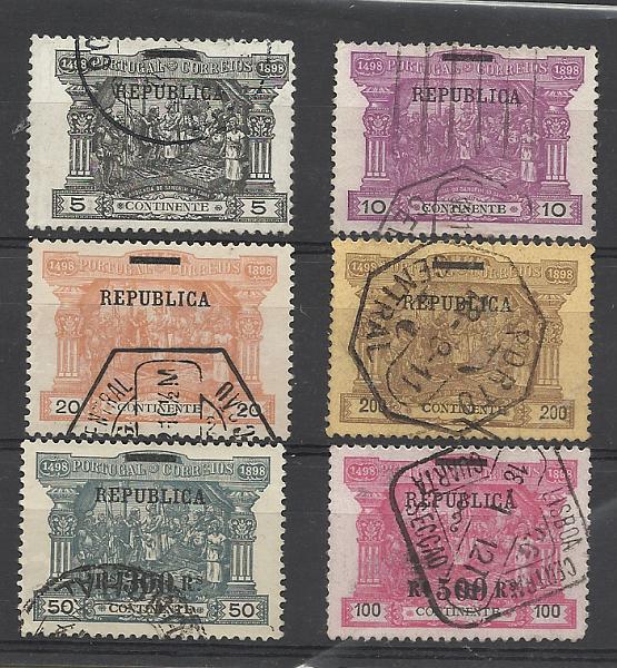 1183.jpg -     Lote:    1183            Portugal       Descrição:         1911 &mdash; 4.º Centenário do Descobrimento do Caminho Marítimo para a Índia, com sob recarga REPUBLICA sobre selos de Porteado. CE192/197. Série completa. Valor de catálogo &euro; 260,00.         O       Valor Base:     &euro; 25,00     Valor Venda:     &euro;      