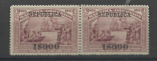 1186.jpg -     Lote:    1186            Portugal       Descrição:         1911 &mdash; 4.º Centenário do Descobrimento do Caminho Marítimo para a Índia. Selos da Madeira com sobrecarga e sobretaxa. CE205, 1$000 s/ 10 reis. Par horizontal. Valor de catálogo &euro; 245,00.         ***       Valor Base:     &euro; 30,00     Valor Venda:     &euro;      