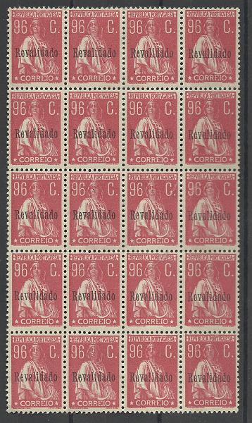1259.jpg -     Lote:    1259            Portugal       Descrição:         1929 &mdash; Ceres, com sobretaxa "Revalidado". CE492, 96c vermelho. Bloco com 20 selos. Valor de catálogo &euro; 354,00.         ***       Valor Base:     &euro; 55,00     Valor Venda:     &euro;      