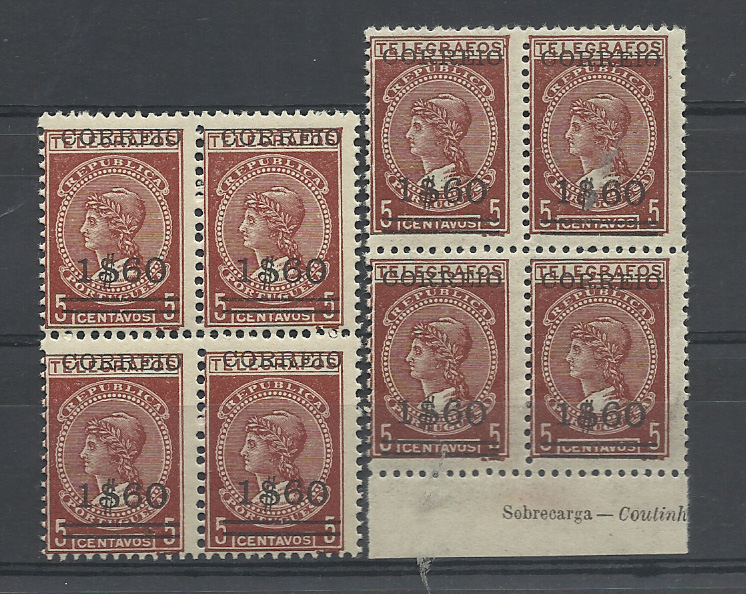 1260.jpg -     Lote:    1260            Portugal       Descrição:         1929 &mdash; Imposto telegráfico, com sobretaxa. CE494, 1$60 s/ 5c castanho vermelho. Duas quadras, uma em papel fino e outra em papel cartolina. Valor de catálogo &euro; 1.380,00.         ***       Valor Base:     &euro; 200,00     Valor Venda:     &euro;      