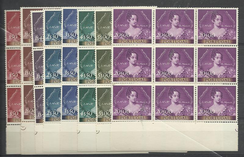 1294.jpg -     Lote:    1294            Portugal       Descrição:         1953 &mdash; Centenário do Selo Postal Português. CE786/793. Série completa em blocos de 9 selos (3x3), bordo inferior de folha. Valor de catálogo &euro; 1.790,00. R.         ***       Valor Base:     &euro; 250,00     Valor Venda:     &euro;      