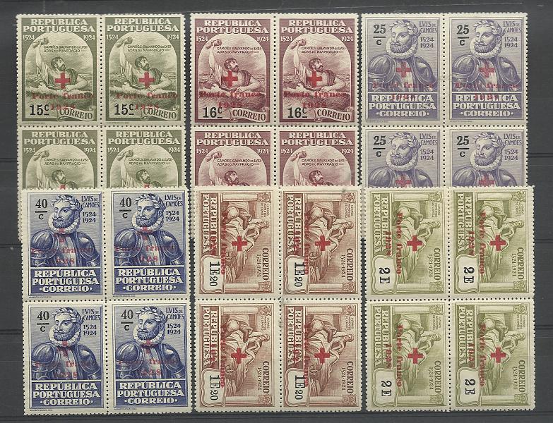 1328.jpg -     Lote:    1328            Portugal       Descrição:         1928 &mdash; Porte Franco. Cruz Vermelha Portuguesa. Selos do Centenário de Luís de Camões, sobrecarregados. CE CVP 11/16. Série completa em quadras. Valor de catálogo &euro; 60,00.         ***       Valor Base:     &euro; 15,00     Valor Venda:     &euro;      