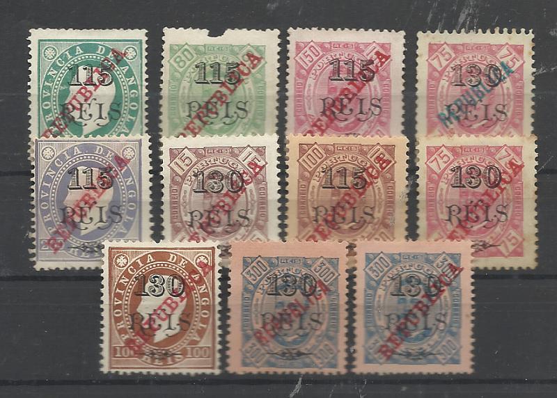1373.jpg -     Lote:    1373            Angola       Descrição:         1914/15 &mdash; D. Luís I e D. Carlos I, com sobrecarga REPUBLICA local + idem com REPUBLICA da Casa da Moeda. Lote com 11 selos diferentes, incluindo CE183 em denteado 11 &frac12; (&euro;116,00). Pequenos defeitos em alguns selos. Lote a ver.         **/O       Valor Base:     &euro; 15,00     Valor Venda:     &euro;      