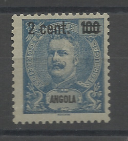 1377.jpg -     Lote:    1377            Angola       Descrição:         1920 &mdash; D. Carlos I Mouchon, com sobretaxa. NÃO EMITIDOS. Selo de 2C s/ 100 reis azul. Selos mandados emitir pela Portaria 352 de 29.10.20, mas que não entraram oficialmente em circulação. R.         **       Valor Base:     &euro; 25,00     Valor Venda:     &euro;      