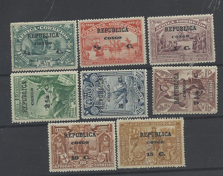 1382.jpg -     Lote:    1382            Congo       Descrição:         1913 &mdash; 4.º Centenário do Descobrimento do Caminho Marítimo para a Índia, com sobrecarga REPUBLICA e sobretaxa, sobre selos de África, Macau e Timor. CE75/82 + 83/90 + 91/98. Séries completas. Valor de catálogo &euro; 112,00.         **       Valor Base:     &euro; 15,00     Valor Venda:     &euro;      