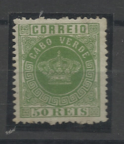 1385.jpg -     Lote:    1385            Cabo Verde       Descrição:         1877 &mdash; Tipo Coroa. CE6, 50 reis verde, denteado 12 &frac12;. Selo com denteado superior farpeado. Valor de catálogo &euro; 227,00.         **       Valor Base:     &euro; 40,00     Valor Venda:     &euro;      