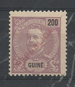 1392.jpg -     Lote:    1392            Guiné       Descrição:         1913 &mdash; D. Carlos I Mouchon, com sobrecarga REPUBLICA local. CE140, 200 reis lilás s/ rosa. Valor de catálogo &euro; 68,00.         *       Valor Base:     &euro; 15,00     Valor Venda:     &euro;      