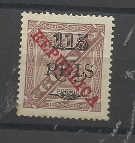 1398.jpg -     Lote:    1398            Guiné       Descrição:         1915 &mdash; D. Carlos I * Jornaes, com sobrecarga REPUBLICA da Casa da Moeda. CE163, 115 reis s/ 2 &frac12; reis castanho, denteado 13 &frac12;. Valor de catálogo &euro; 225,00.         *       Valor Base:     &euro; 25,00     Valor Venda:     &euro;      