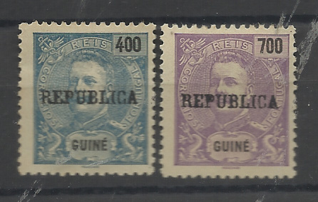 1400.jpg -     Lote:    1400            Guiné       Descrição:         1919 &mdash; D. Carlos I Mouchon, com sobrecarga REPUBLICA local. CE172/173. Série completa. Valor de catálogo &euro; 88,00.         *       Valor Base:     &euro; 15,00     Valor Venda:     &euro;      