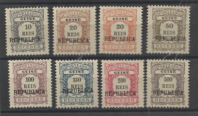1405.jpg -     Lote:    1405            Guiné       Descrição:         1919 &mdash; Porteado. Emissão regular com sobrecarga REPUBLICA local. CE POR2&frac12;8. Série completa. Valor de catálogo &euro; 130,00.         *       Valor Base:     &euro; 25,00     Valor Venda:     &euro;      
