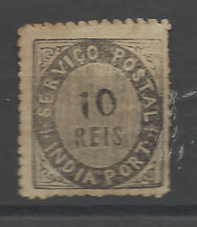 1412.jpg -     Lote:    1412            Índia       Descrição:         1871 &mdash; Nativos. Tipo II. CE8, 10 reis preto, papel espesso. Valor de catálogo &euro; 500,00.         *       Valor Base:     &euro; 80,00     Valor Venda:     &euro;      