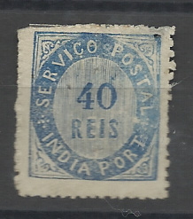 1416.jpg -     Lote:    1416            Índia       Descrição:         1871 &mdash; Nativos. Tipo II. CE10, 40 reis azul, papel espesso. Valor de catálogo &euro; 145,00.         *       Valor Base:     &euro; 20,00     Valor Venda:     &euro;      