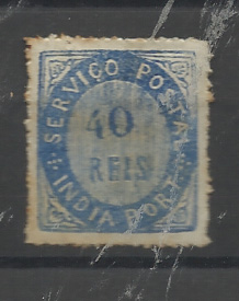 1417.jpg -     Lote:    1417            Índia       Descrição:         1871 &mdash; Nativos. Tipo II. CE10, 40 reis azul, papel espesso. Selo com ligeiros pontos de óxido. Valor de catálogo &euro; 145,00.         **       Valor Base:     &euro; 15,00     Valor Venda:     &euro;      
