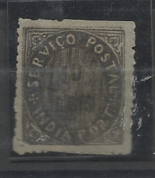 1423.jpg -     Lote:    1423            Índia       Descrição:         1876 &mdash; Nativos. Tipo IIB. CE26 10 reis preto. Selo com dupla impressão da moldura (uma delas com menor tintagem). Valor de catálogo &euro; 1.000,00.         **       Valor Base:     &euro; 100,00     Valor Venda:     &euro;      