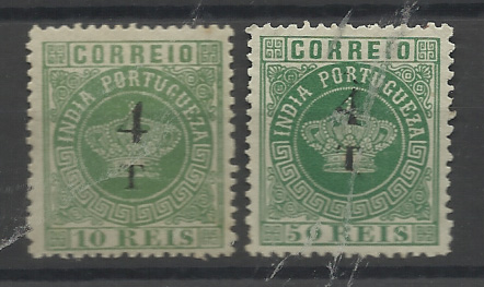 1424.jpg -     Lote:    1424            Índia       Descrição:         1881/83 &mdash; Tipo Coroa. Com sobretaxa. Lote de dois selos: CE103, 4T s/ 10 reis denteado 12 &frac12; + CE104, 4T s/ 50 reis denteado 12 &frac12;. Valor de catálogo &euro; 88,00.         **/*       Valor Base:     &euro; 20,00     Valor Venda:     &euro;      