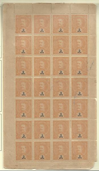 1428.jpg -     Lote:    1428            Índia       Descrição:         1903 &mdash; D. Carlos I. Novas cores e valores. CE187, 2 reis laranja. Folha completa de 28 selos. Valor de catálogo &euro; 19,60.         **       Valor Base:     &euro; 12,00     Valor Venda:     &euro;      
