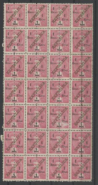 1434.jpg -     Lote:    1434            Índia       Descrição:         1911/13 &mdash; D. Carlos I Mouchon com sobrecarga REPUBLICA da Casa da Moeda, perfurados ao meio e com sobretaxa. Sobrecarga tipo A. CE241, 1 real s/ 1 Tanga rosa. Folha completa com 56 novos selos (28 perfurados ao meio).         *       Valor Base:     &euro; 20,00     Valor Venda:     &euro;      
