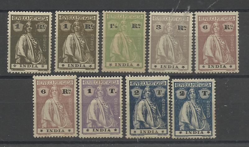 1436.jpg -     Lote:    1436            Índia       Descrição:         1914 &mdash; Ceres. Lote composto por 9 selos em denteado 15x14, todos com ESTRELAS GRANDES das taxas de 1 real (2), 1 &frac12; reis, 3 reis, 6 reis (2), 1 Tanga e 2 Tangas (2), CE254, 255, 258, 261, 264 e 265. Lote a ver.         **       Valor Base:     &euro; 15,00     Valor Venda:     &euro;      