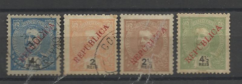 1437.jpg -     Lote:    1437            Índia       Descrição:         1914 &mdash; D. Carlos I Mouchon, com sobrecarga REPUBLICA tipografada localmente. Lote de quatro selos: dois usados de 2 reis e 4 T CE273, 277 + dois selos novos de 2 &frac12; reis e 4 &frac12; reis CE274/275. Valor de catálogo &euro; 105,00.         */O       Valor Base:     &euro; 20,00     Valor Venda:     &euro;      