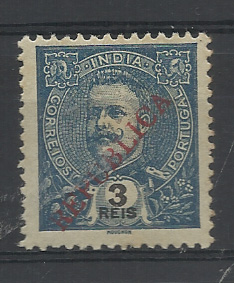 1439.jpg -     Lote:    1439            Índia       Descrição:         1914 &mdash; D. Carlos O Mouchon, com sobrecarga REPUBLICA local. NÃO CATALOGADO. 3 reis azul.         *       Valor Base:     &euro; 15,00     Valor Venda:     &euro;      