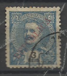 1442.jpg -     Lote:    1442            Índia       Descrição:         1914 &mdash; D. Carlos I Mouchon, com sobrecarga REPUBLICA tipografada localmente. NÃO CATALOGADO. 3 reis azul. B e R.         O       Valor Base:     &euro; 15,00     Valor Venda:     &euro;      