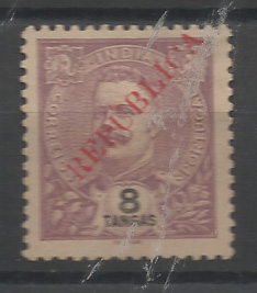 1444.jpg -     Lote:    1444            Índia       Descrição:         1914 &mdash; D. Carlos I Mouchon, com sobrecarga REPUBLICA tipografada localmente. NÃO CATALOGADO. 8 Tangas, violeta. B e MR.         *       Valor Base:     &euro; 30,00     Valor Venda:     &euro;      