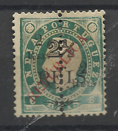 1450.jpg -     Lote:    1450            Índia       Descrição:         1914 &mdash; D. Luís I, fita direita, com sobrecarga REPUBLICA local, perfurados ao meio e com sobretaxa. NÃO CATALOGADO. 2 reis s/ 2 &frac12; reis s/ 6 reis verde. MR.         *       Valor Base:     &euro; 25,00     Valor Venda:     &euro;      
