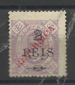 1452.jpg -     Lote:    1452            Índia       Descrição:         1914 &mdash; D. Carlos I. Selos de 1902, com sobrecarga REPUBLICA tipografada localmente. CE286 2 reis s/ 8 Tangas lilás. Valor de catálogo &euro; 40,00.         *       Valor Base:     &euro; 10,00     Valor Venda:     &euro;      