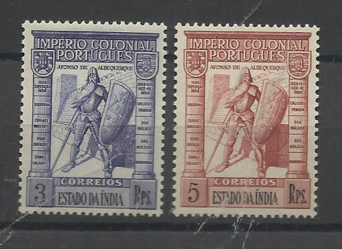 1474.jpg -     Lote:    1474            Índia       Descrição:         1938 &mdash; Império Colonial Português. CE361/362. 3 e 5 Rupias. Fecho de série. Selos com ligeiríssimo sinal de charneira. Valor de catálogo &euro; 74,30.         **       Valor Base:     &euro; 18,00     Valor Venda:     &euro;      