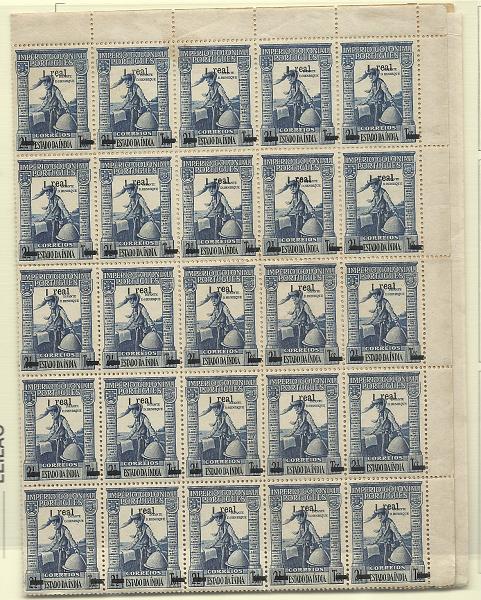 1475.jpg -     Lote:    1475            Índia       Descrição:         1950/51 &mdash; Império Colonial Português, com sobretaxa. CE400, 1r s/ 2 &frac12; Tgs. Folha completa de 100 selos. Alguns selos com goma amarelada. Valor de catálogo &euro; 80,00. Bom para estudo das variedades de sobrecarga destacando-se um selo com "1" curto e outro com "1" grosso.         ***       Valor Base:     &euro; 25,00     Valor Venda:     &euro;      
