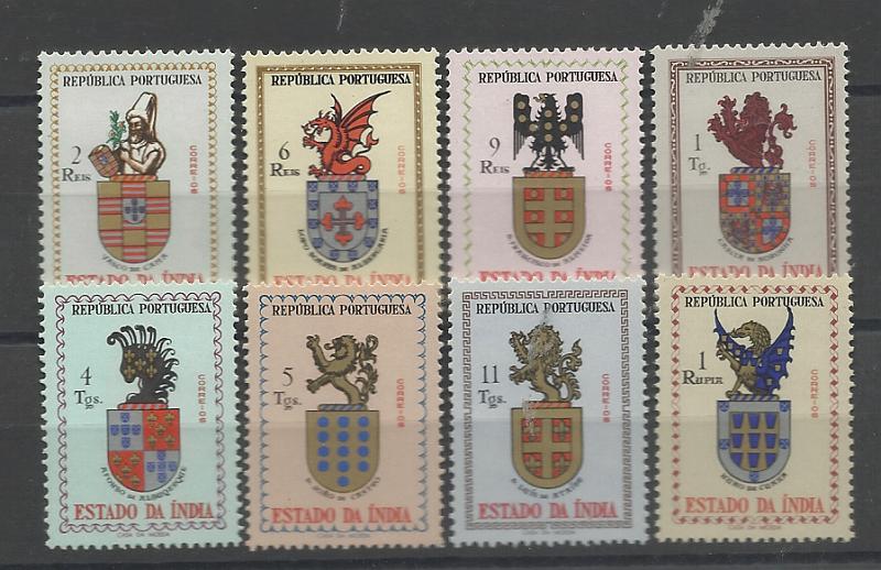 1480.jpg -     Lote:    1480            Índia       Descrição:         1958 &mdash; Brasões. NÃO EMITIDOS. CE NE 1/8. Série completa. Ligeira charneira. MR         **       Valor Base:     &euro; 250,00     Valor Venda:     &euro;      