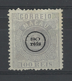 1482.jpg -     Lote:    1482            Macau       Descrição:         1884 &mdash; Tipo Coroa, com sobretaxa. CE10, 80 s/ 100 reis, denteado 12 &frac12;. Variedade "é" com acento. Valor de catálogo &euro; 63,00.         *       Valor Base:     &euro; 10,00     Valor Venda:     &euro;      