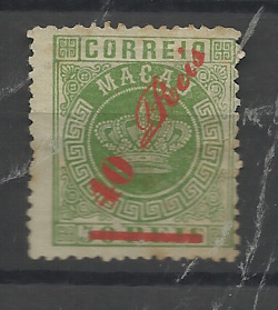 1483.jpg -     Lote:    1483            Macau       Descrição:         1885 &mdash; Tipo Coroa. CE15, 40 s/ 50 reis verde, denteado 12 &frac12;. Valor de catálogo &euro; 130,00.         O       Valor Base:     &euro; 25,00     Valor Venda:     &euro;      