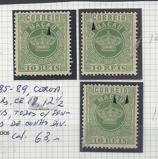 1484.jpg -     Lote:    1484            Macau       Descrição:         1885/89 &mdash; Tipo Coroa. CE18, 10 reis verde. Lote de três exemplares, com fendas de cunho diversas.         **       Valor Base:     &euro; 10,00     Valor Venda:     &euro;      