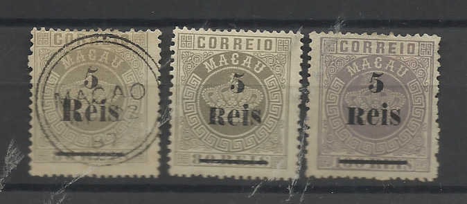 1485.jpg -     Lote:    1485            Macau       Descrição:         1887 &mdash; Tipo Coroa, com sobretaxa. CE24/25. Lote composto por 3 selos: dois de 5 reis s/ 80, denteado 13 &frac12; em novo e usado (sobrecarga B) + 5 s/ 100 reis denteado 12 &frac12;. Valor de catálogo &euro; 185,00.         */O       Valor Base:     &euro; 25,00     Valor Venda:     &euro;      