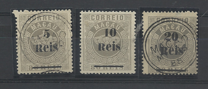 1486.jpg -     Lote:    1486            Macau       Descrição:         1887 &mdash; Tipo Coroa, com sobretaxa. CE24, 26 e 28, 5 s/ 80, 10 s/ 80 e 20 s/ 80 reis. Valor de catálogo &euro; 125,00.         */O       Valor Base:     &euro; 20,00     Valor Venda:     &euro;      