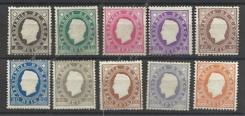 1487.jpg -     Lote:    1487            Macau       Descrição:         1887 &mdash; D. Luís I, fita direita. CE32/41. Série completa em denteado 12 &frac12;. Selos de 5 reis e 50 reis com dois ligeiros pontos de óxido. Valor de catálogo &euro; 326,00.         **       Valor Base:     &euro; 65,00     Valor Venda:     &euro;      