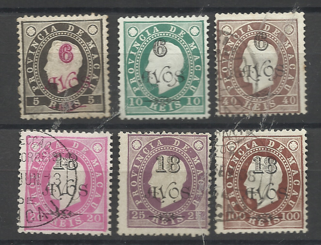 1490.jpg -     Lote:    1490            Macau       Descrição:         1902 &mdash; D. Luís I, fita direita, com sobretaxa. Lote com selos: CE102, 103, 104, 105, 106 e 108 (denteado 12 &frac12;). Valor de catálogo &euro; 126,00.         */O       Valor Base:     &euro; 14,00     Valor Venda:     &euro;      