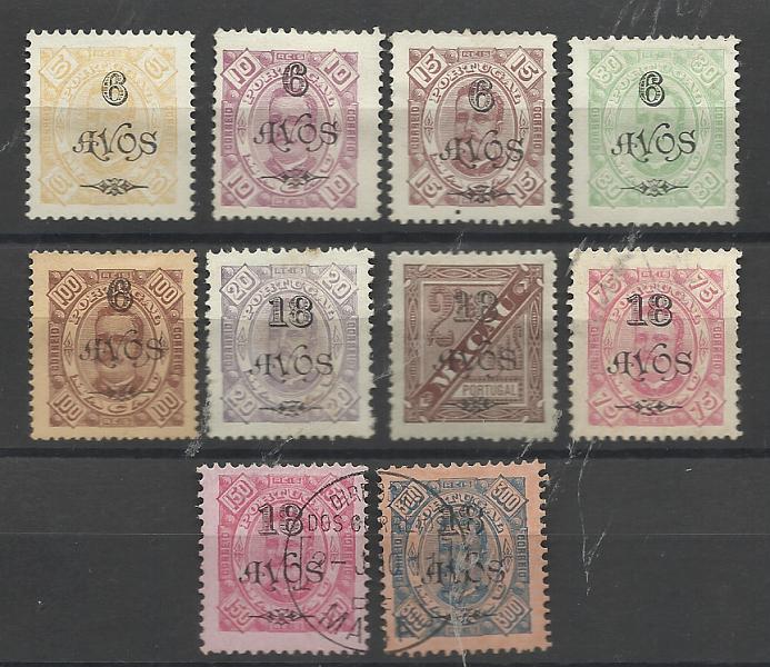 1491.jpg -     Lote:    1491            Macau       Descrição:         1902 &mdash; D. Carlos I tipo Diogo Neto, com sobretaxa. Lote com 10 selos: CE111, 112, 113, 115, 116 (dent. 13 &frac12;), 118, 119, 121, 122, 123. Valor de catálogo &euro; 127,00.         */O       Valor Base:     &euro; 15,00     Valor Venda:     &euro;      