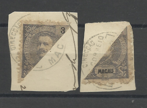 1492.jpg -     Lote:    1492            Macau       Descrição:         1903/11 &mdash; D. Carlos I Mouchon + D. Carlos I Mouchon, com sobretaxa. Selos bipartidos. CE130, 3 avos. Lote composto por dois selos bipartidos, direito e esquerdo. Valor de catálogo &euro; 100,00.         FRG       Valor Base:     &euro; 15,00     Valor Venda:     &euro;      