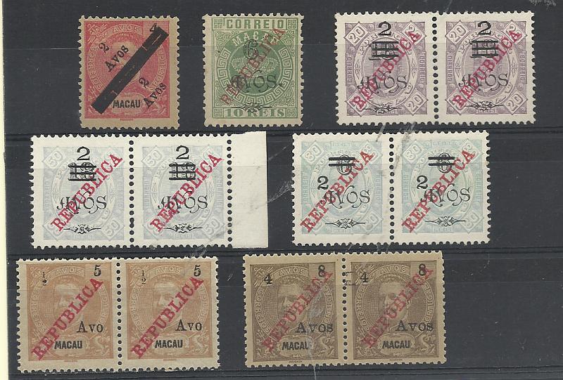 1493.jpg -     Lote:    1493            Macau       Descrição:         1911/19 &mdash; Lote composto por selo CE145 + selo CE165 + pares de CE182 e 183 + pares CE198 e 199 + par de CE245. Valor de catálogo &euro; 185,80.         *       Valor Base:     &euro; 25,00     Valor Venda:     &euro;      