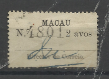 1496.jpg -     Lote:    1496            Macau       Descrição:         1911 &mdash; Tipo "Etiqueta". CE148, 2 avos preto, papel pontinhado. Valor de catálogo &euro; 600,00.         *       Valor Base:     &euro; 150,00     Valor Venda:     &euro;      