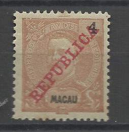1498.jpg -     Lote:    1498            Macau       Descrição:         1911 &mdash; D. Carlos I, com sobrecarga "REPUBLICA" CE153, 4 avos castanho amarelo. Valor de catálogo &euro; 38,00.         **       Valor Base:     &euro; 10,00     Valor Venda:     &euro;      