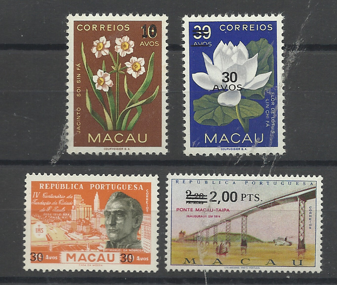 1511.jpg -     Lote:    1511            Macau       Descrição:         1979 &mdash; Selos do Correio Ordinário, sobretaxados. CE445/448. Série completa. Valor de catálogo &euro; 85,00.         ***       Valor Base:     &euro; 10,00     Valor Venda:     &euro;      