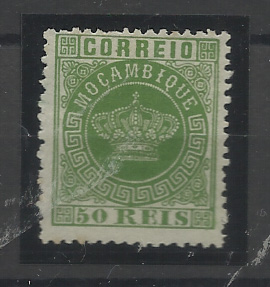1523.jpg -     Lote:    1523            Moçambique       Descrição:         1876 &mdash; Tipo Coroa. CE6, 50 reis verde, denteado 12 &frac12;, papel liso fino. Valor de catálogo &euro; 450,00.         *       Valor Base:     &euro; 90,00     Valor Venda:     &euro;      