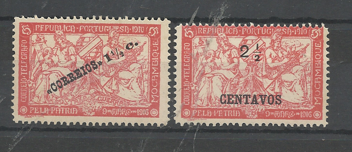 1530.jpg -     Lote:    1530            Moçambique       Descrição:         1918/20 &mdash; Taxa de Guerra. Selos do Imposto Postal com sobrecarga. Lote composto por dois selos: CE202, 1 &frac12; s/ 5c com erro PEPUBLICA e TELFGRAFO + CE204, 2 &frac12; s/ 5c com erro "PÉTRIA". Valor de catálogo &euro; 42,00.         RG***       Valor Base:     &euro; 8,00     Valor Venda:     &euro;      