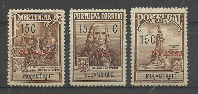 1536.jpg -     Lote:    1536            Moçambique       Descrição:         1925 &mdash; Imposto Postal. Monumento ao Marques de Pombal. Selos de Moçambique com sobrecarga NYASSA. CE IP1/3. Série completa. Valor de catálogo &euro; 57,00.         ***       Valor Base:     &euro; 10,00     Valor Venda:     &euro;      
