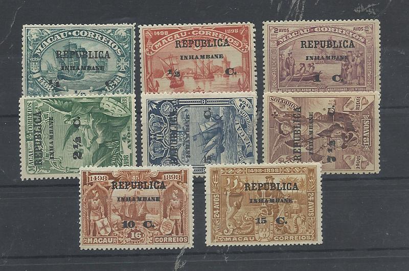 1538.jpg -     Lote:    1538            Inhambane       Descrição:         1913 &mdash; 4.º Centenário do Descobrimento do Caminho Marítimo para a Índia, com sobrecarga REPUBLICA e sobretaxa, sobre selos de África, Macau e Timor. CE47/54 + 55/62 + 63/70. Valor de catálogo &euro; 112,00.         **/*       Valor Base:     &euro; 16,00     Valor Venda:     &euro;      